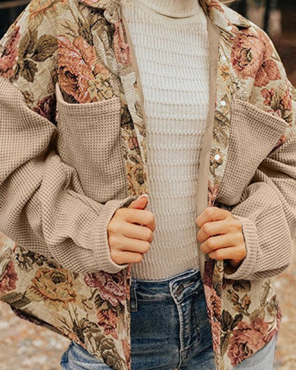 Floral Waffle Knit Patchwork Chest Pocket Buttoned - Sleekdenim.com