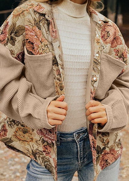 Floral Waffle Knit Patchwork Chest Pocket Buttoned - Sleekdenim.com