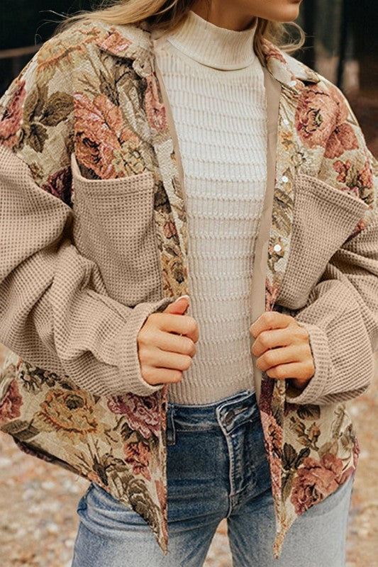 Floral Waffle Knit Patchwork Chest Pocket Buttoned - Sleekdenim.com