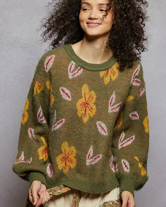 POL Floral Pattern Round Neck Balloon Sleeve Sweater - Sleekdenim.com