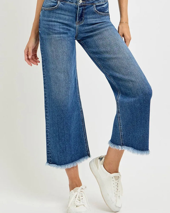 Risen High Rise Cropped Wide Leg Jeans with Wide Band Detail and Frayed Hem