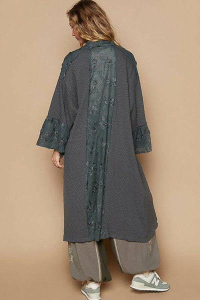 POL Flower Lace Trim Open Front Longline Cardigan | Sleekdenim.com