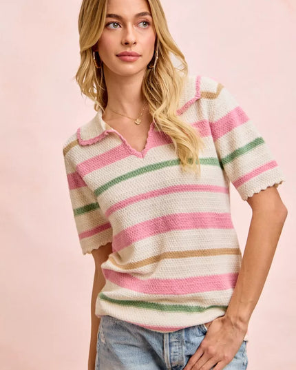 BiBi Multi Colors Stripes Collared Knit Top - Sleekdenim.com