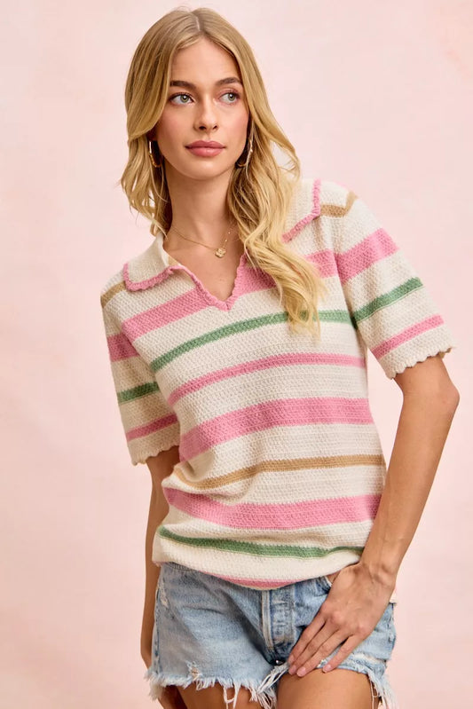 BiBi Multi Colors Stripes Collared Knit Top - Sleekdenim.com