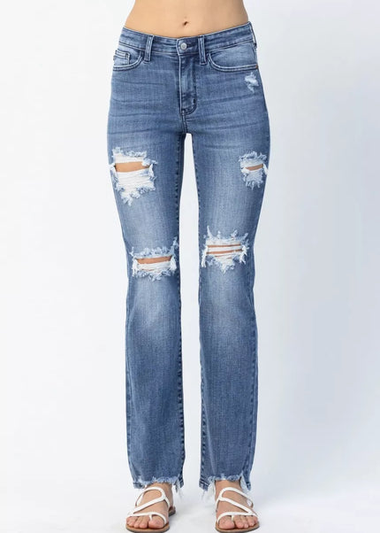 Judy Blue Full Size Mid Rise Destroy Straight Jeans Plus Size - Sleekdenim.com