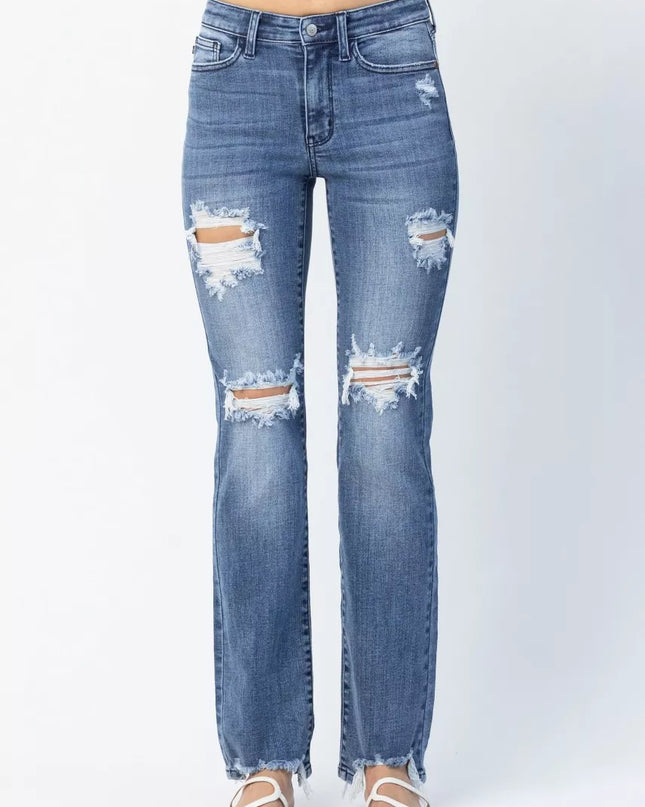 Judy Blue Full Size Mid Rise Destroy Straight Jeans Plus Size - Sleekdenim.com
