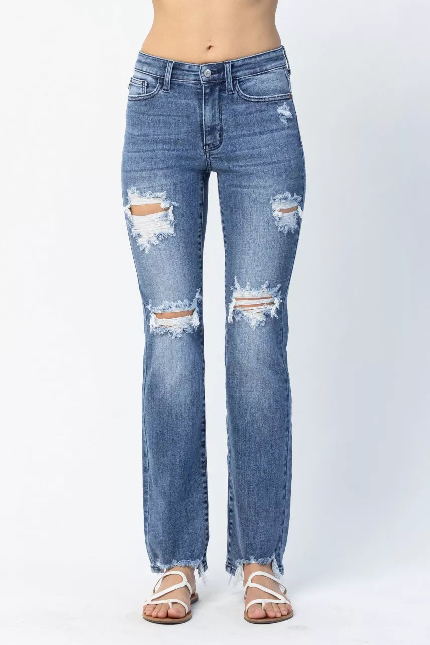 Judy Blue Full Size Mid Rise Destroy Straight Jeans Plus Size - Sleekdenim.com