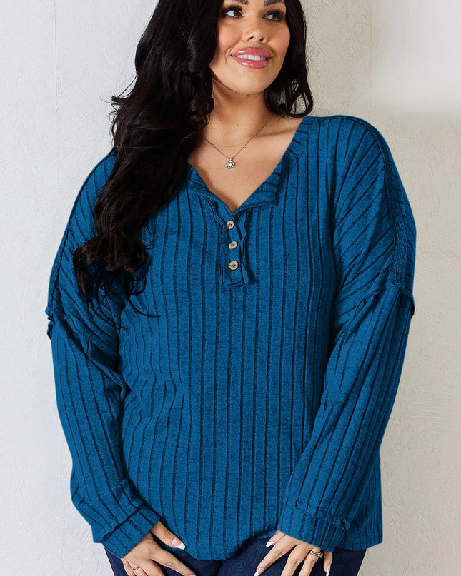 Basic Bae Full Size Ribbed Half Button Long Sleeve T-Shirt - Sleekdenim.com