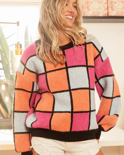 BiBi Multi Color Checker Pattern Sweater - Sleekdenim.com