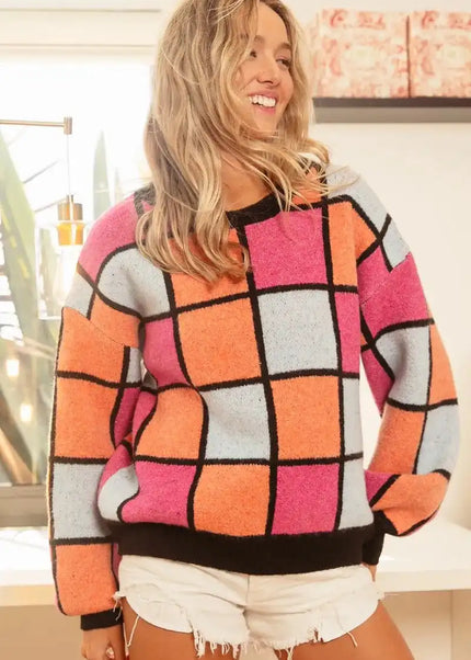 BiBi Multi Color Checker Pattern Sweater - Sleekdenim.com