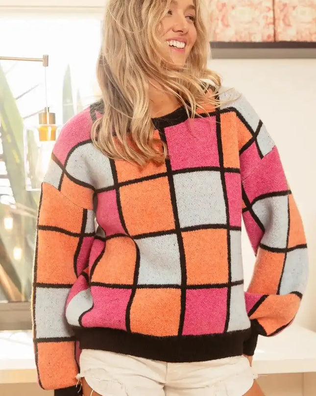 BiBi Multi Color Checker Pattern Sweater - Sleekdenim.com