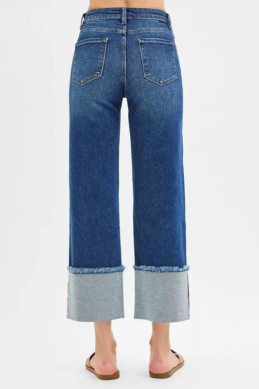 RISEN Mid Rise Crop Wide Wide Cuffed Jeans PWC21289 - Sleekdenim.com