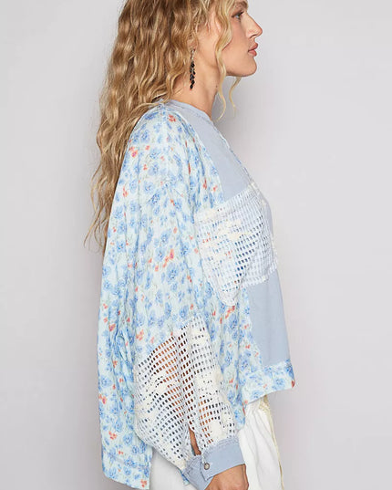 POL Round Neck Cropped Gauze Floral Pattern Top with Overlock Stitch Detail - Sleekdenim.com