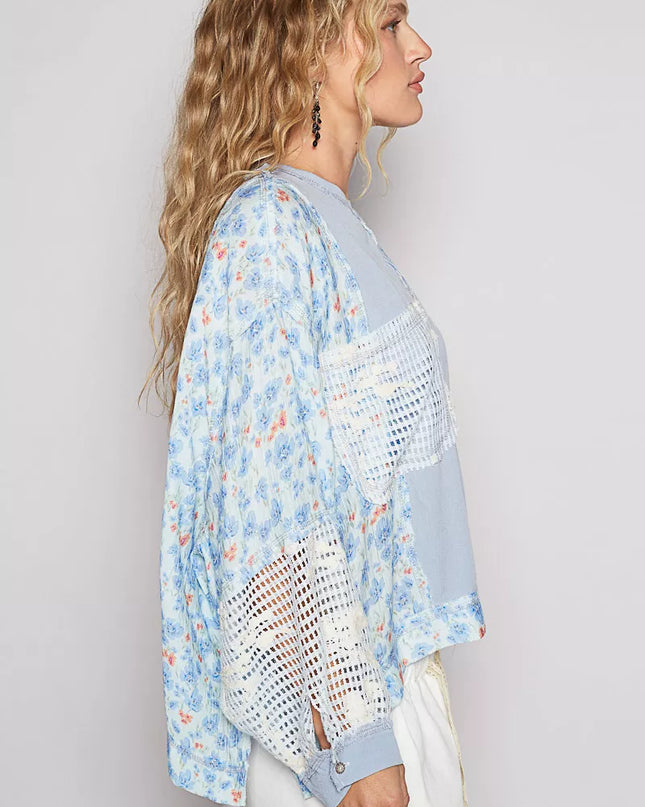 POL Round Neck Cropped Gauze Floral Pattern Top with Overlock Stitch Detail - Sleekdenim.com