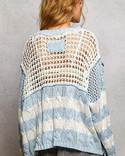 POL Color-Blocked Stripe Pattern Knit Top with Twisted Weave - Sleekdenim.com