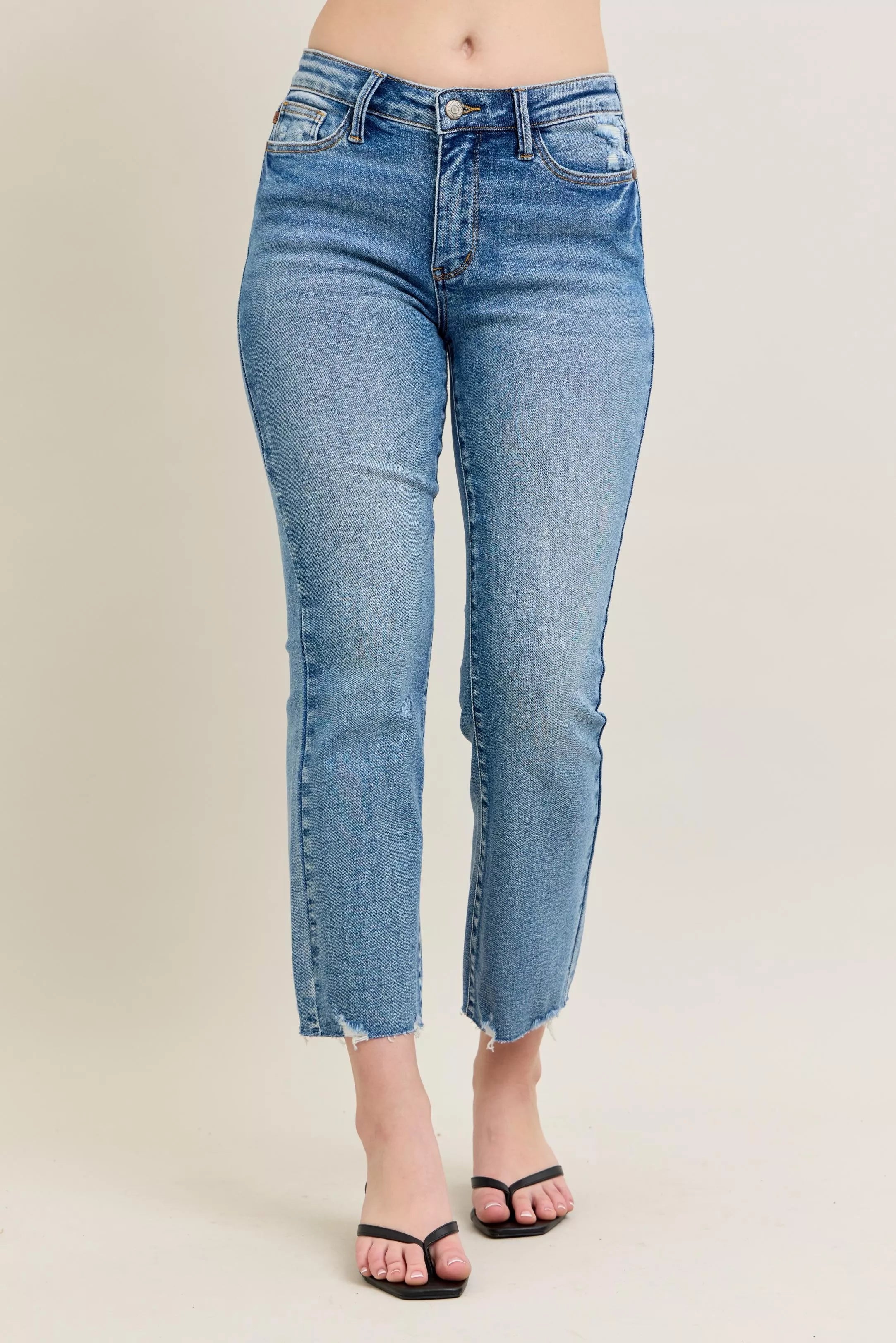 Judy Blue Mid Rise Vintage Wash Destroy Hem Kick Flare Jeans 88979