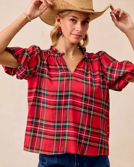 BiBi Christmas Plaid Short Sleeves Ruffled Blouse - Sleekdenim.com