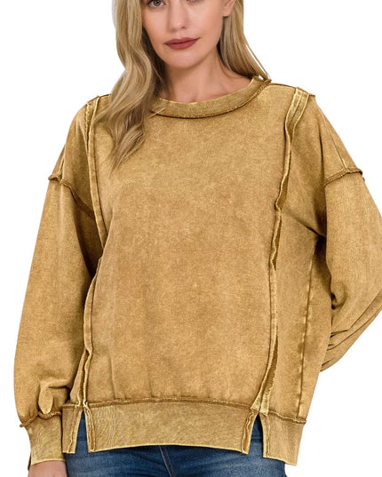Zenana Acid Wash French Terry Exposed-Seam Sweatshirt - Sleekdenim.com