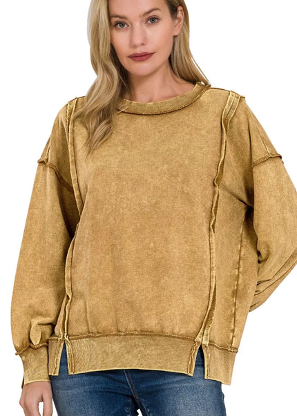 Zenana Acid Wash French Terry Exposed-Seam Sweatshirt - Sleekdenim.com