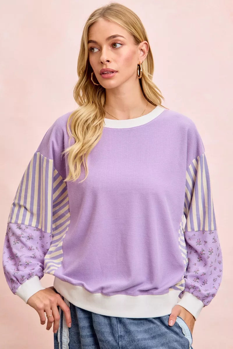 BiBi Mix and Match Sweatshirt with Floral Sleeve Stripes - Sleekdenim.com