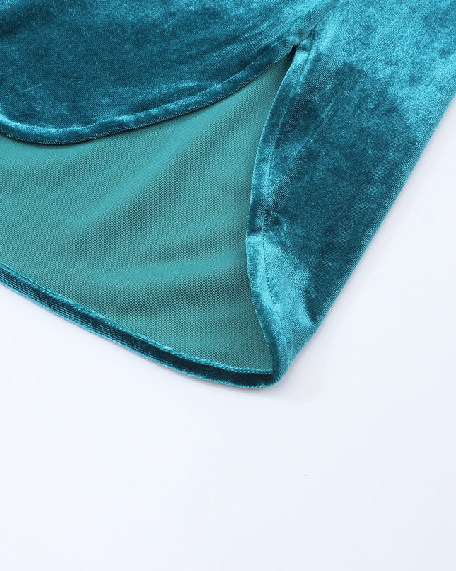 Red Frilled Buttoned V Neck Velvet Blouse