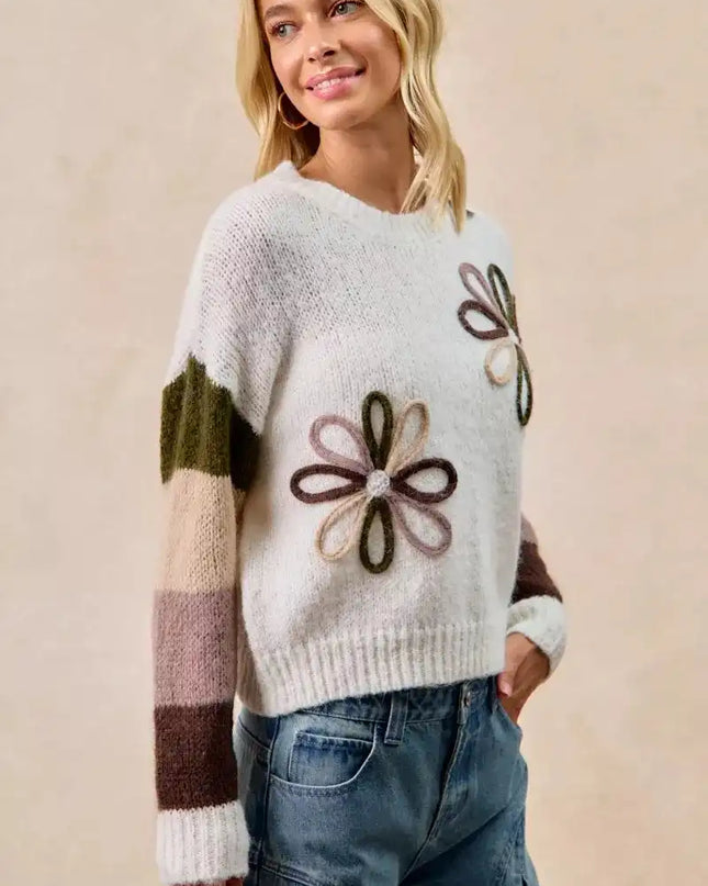 BiBi Flower Color Block Sweater - Sleekdenim.com