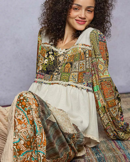 POL Balloon Sleeve Peplum Blouse with Trim Detail - Sleekdenim.com