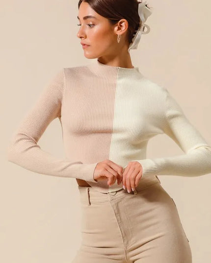 SO ME Color Block Fitted Crop Sweater Top - Sleekdenim.com