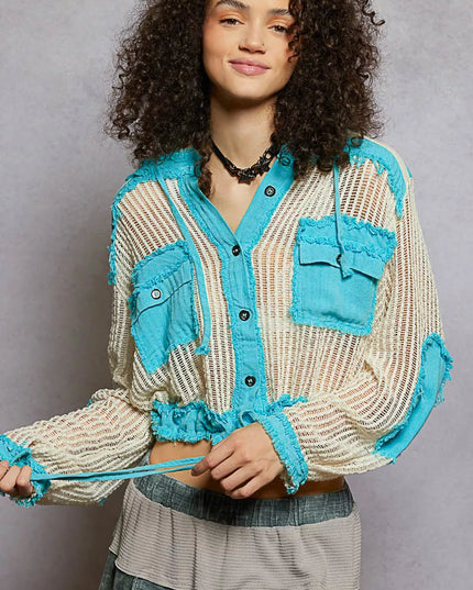 POL Texture Woven Button Down Hooded Shirt with Drawstring Hem - Sleekdenim.com