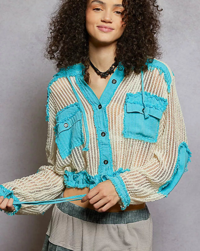 POL Texture Woven Button Down Hooded Shirt with Drawstring Hem - Sleekdenim.com