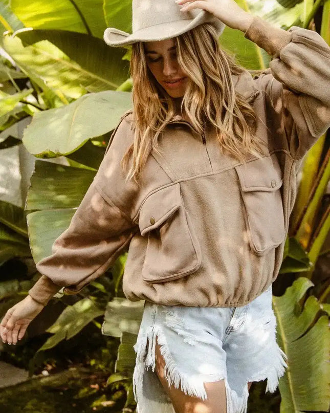 BiBi Half Zip Vintage Washed Fleece Pullover - Sleekdenim.com