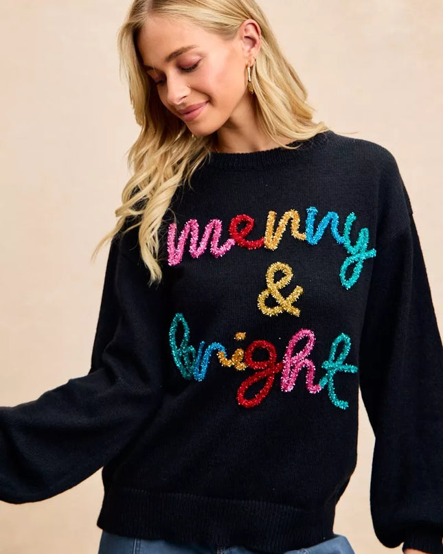 BiBi Tinsel Lettering Christmas Sweater - Sleekdenim.com