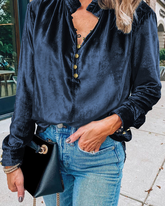 Red Frilled Buttoned V Neck Velvet Blouse