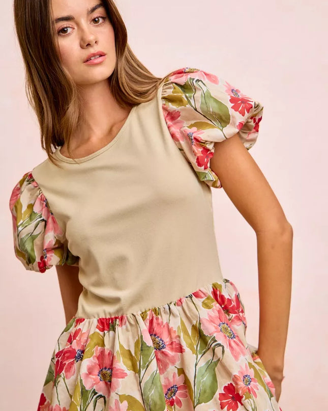 BiBi Floral Printed Bubble Sleeves and Hem Peplum Top - Sleekdenim.com