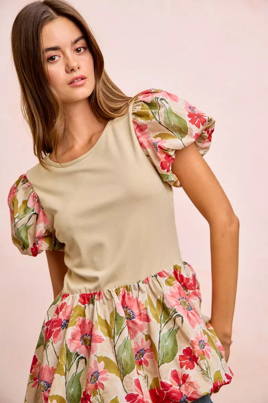 BiBi Floral Printed Bubble Sleeves and Hem Peplum Top - Sleekdenim.com
