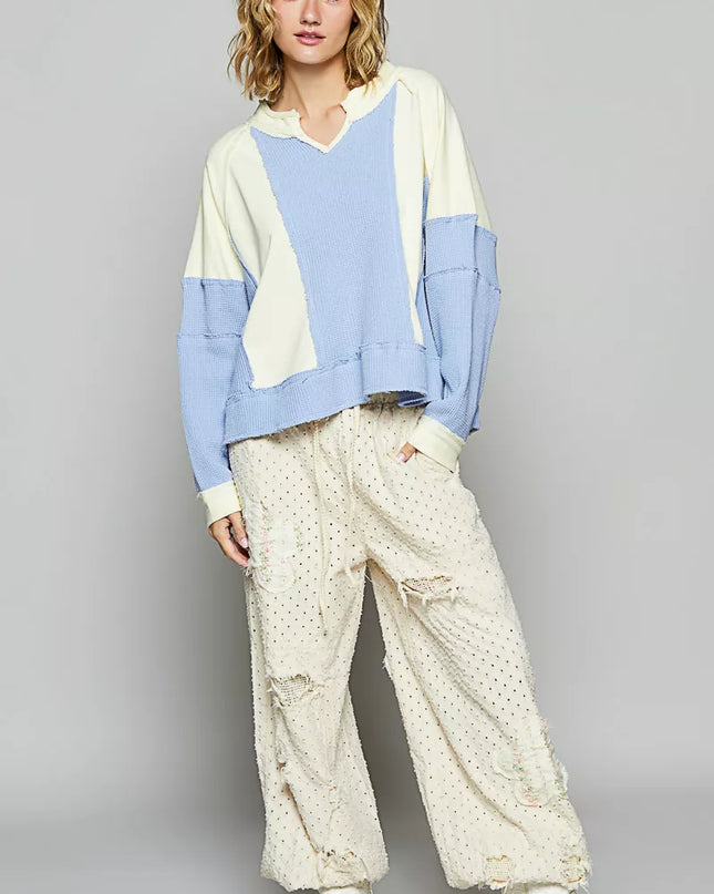 POL Color Block Waffle Knit Raw Hem Sweatshirt - Sleekdenim.com