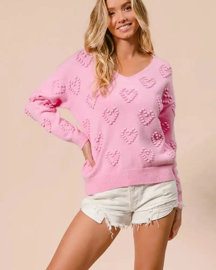 BiBi Valentines Heart Pompom V Neck Knit Top - Sleekdenim.com