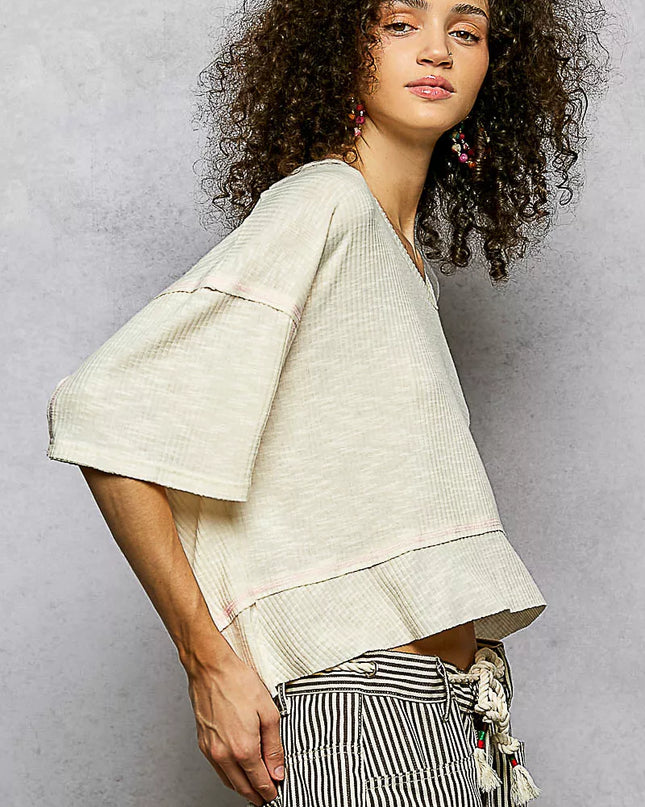 POL Short Sleeve Ccopped Rib T-Shirt with Contrast Stitch Detail - Sleekdenim.com