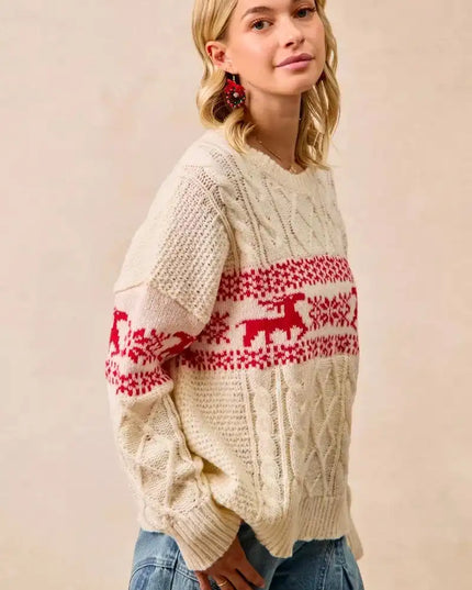 BiBi Christmas Theme Patterned Cable Knit Sweater - Sleekdenim.com