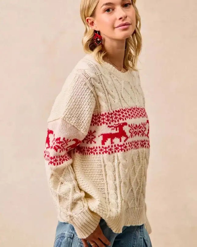 BiBi Christmas Theme Patterned Cable Knit Sweater - Sleekdenim.com
