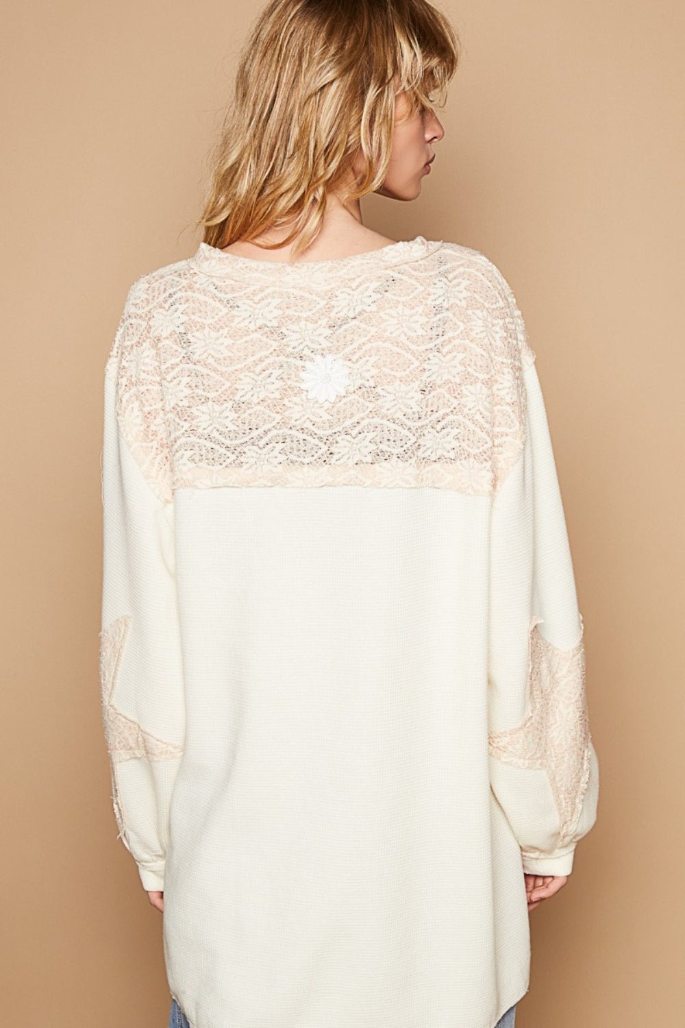 POL Round Neck Long Sleeve Crochet Patches Top | Sleekdenim.com