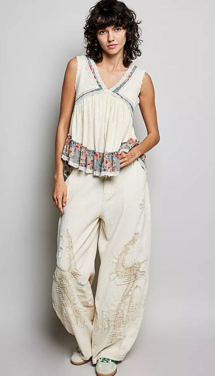 POL Lace Detail Ruffled Ribbed Sleeveless Top with Floral Pattern Trim Detail - Sleekdenim.com