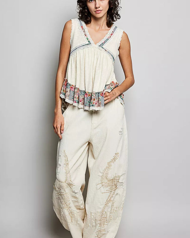POL Lace Detail Ruffled Ribbed Sleeveless Top with Floral Pattern Trim Detail - Sleekdenim.com