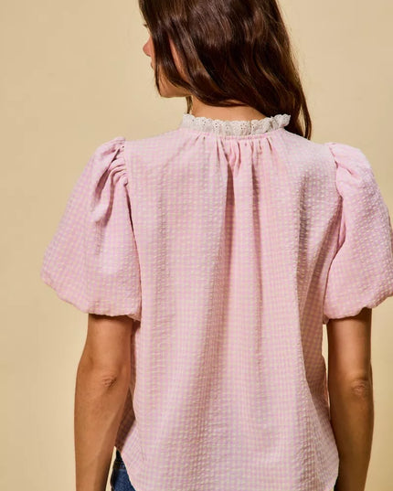 SO ME Gingham Lace Trim Button Bubble Sleeves Blouse - Sleekdenim.com