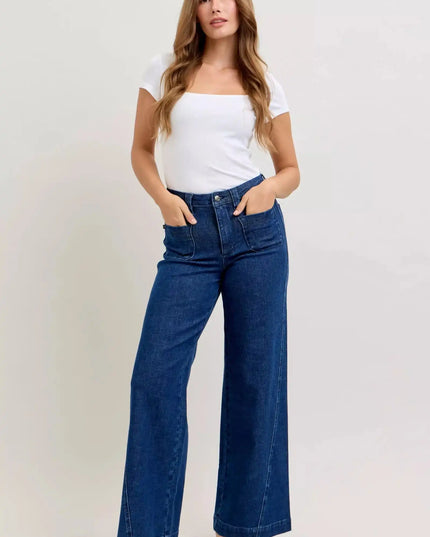 Judy Blue High-Waisted Retro Wide Jeans with Patch Pkts & Twisted Seams - Sleekdenim.com