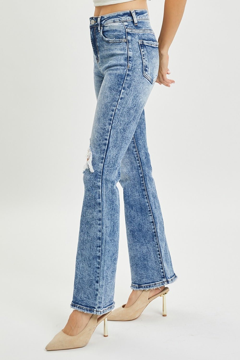 RISEN Full Size High Rise Distressed Flare Jeans | Sleekdenim.com