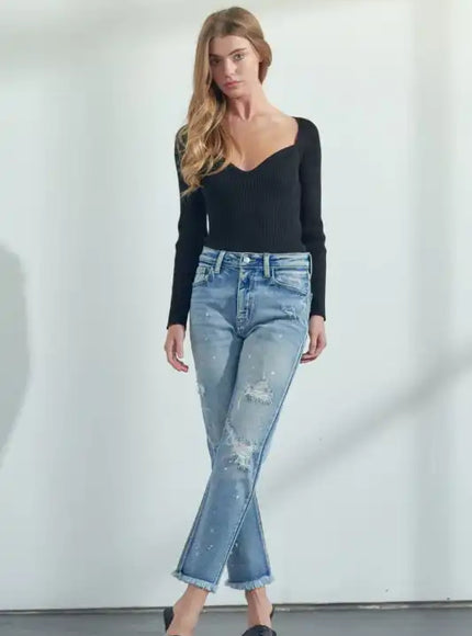 Artemis Vintage AT1050STM High Rise Distressed Straight Jeans - Sleekdenim.com