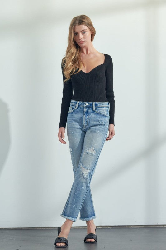 AT1050STM High Rise Distressed Straight Jeans - Sleekdenim.com