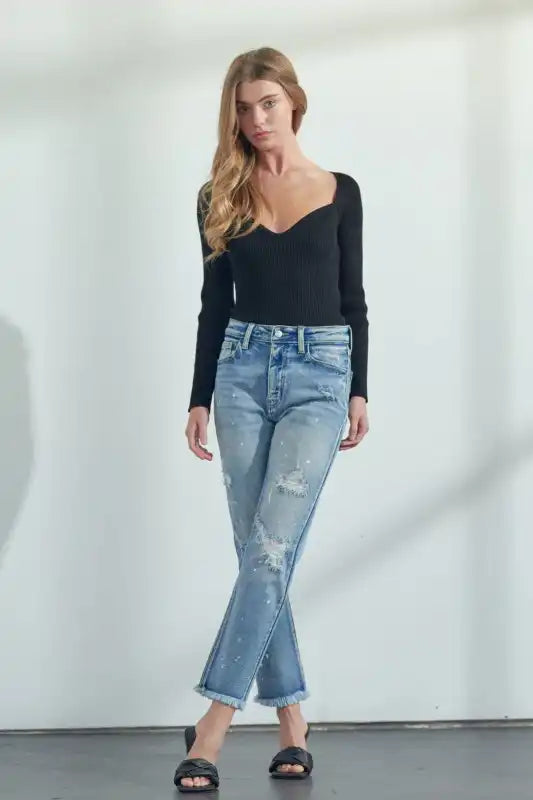 Artemis Vintage AT1050STM High Rise Distressed Straight Jeans - Sleekdenim.com