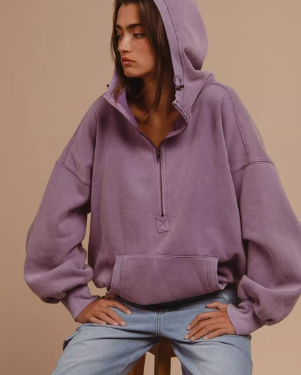 BiBi Stitch Detailed Elastic Hem Half Zip Fleece Hoodie - Sleekdenim.com